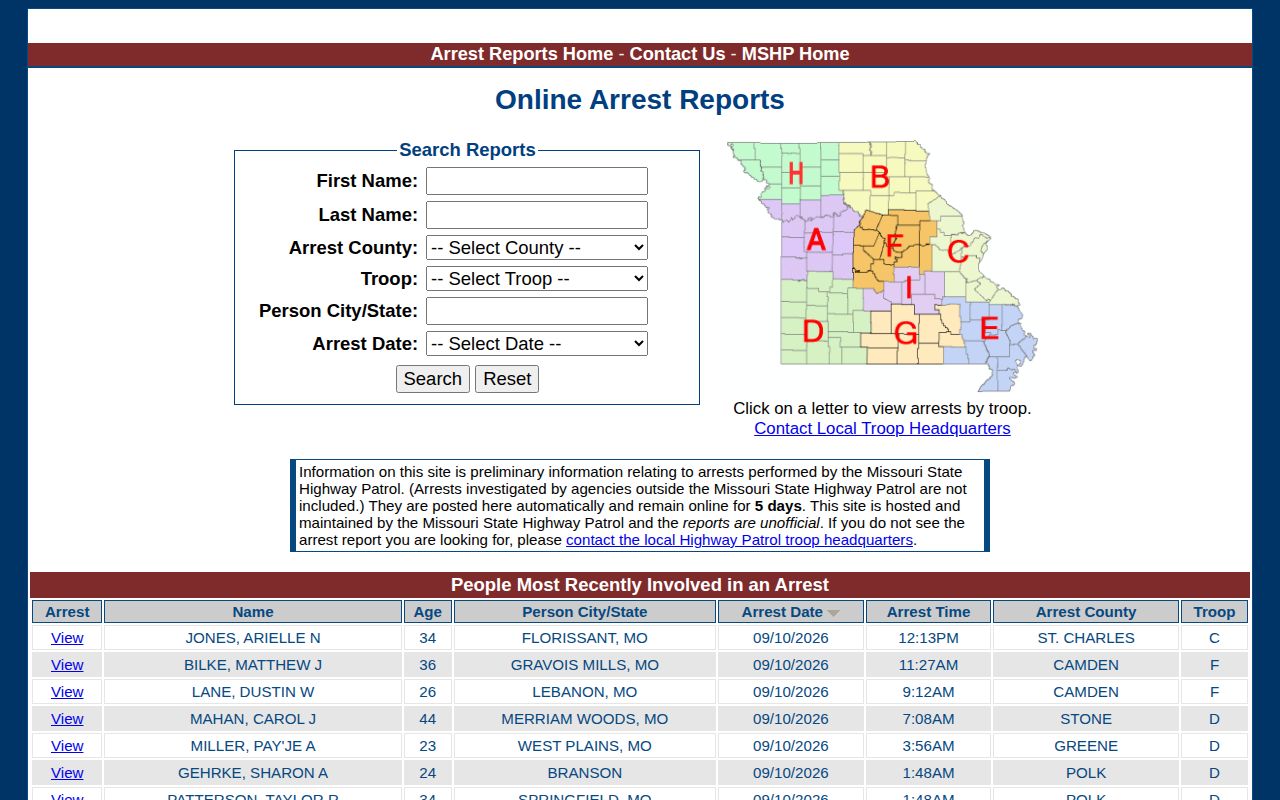Missouri State Highway Patrol arrest search