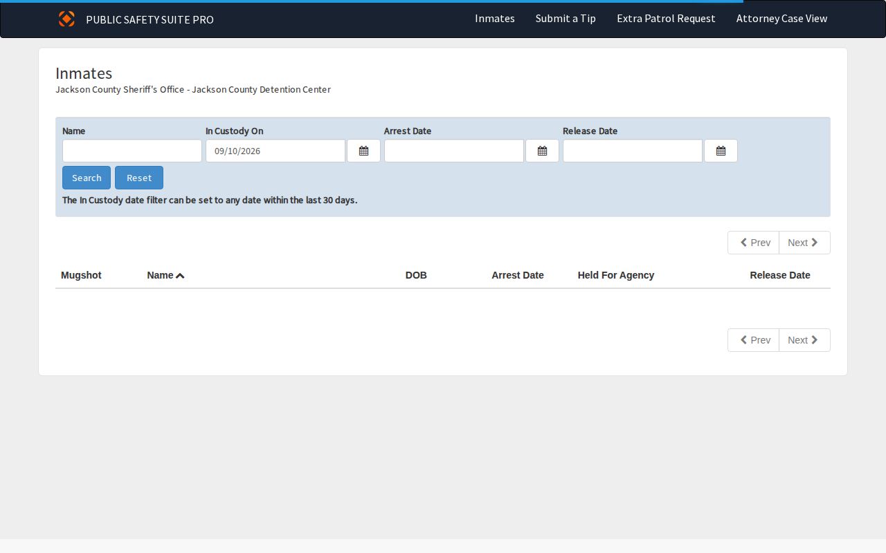 Jackson County JCDC inmate search interface