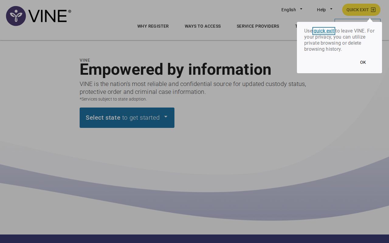 VINELink custody information and notification service home screen