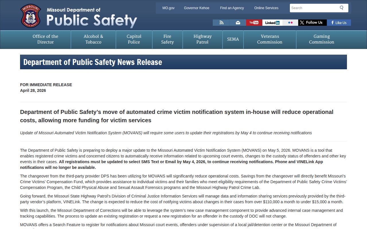 Missouri DPS MOVANS transition notice for custody alerts