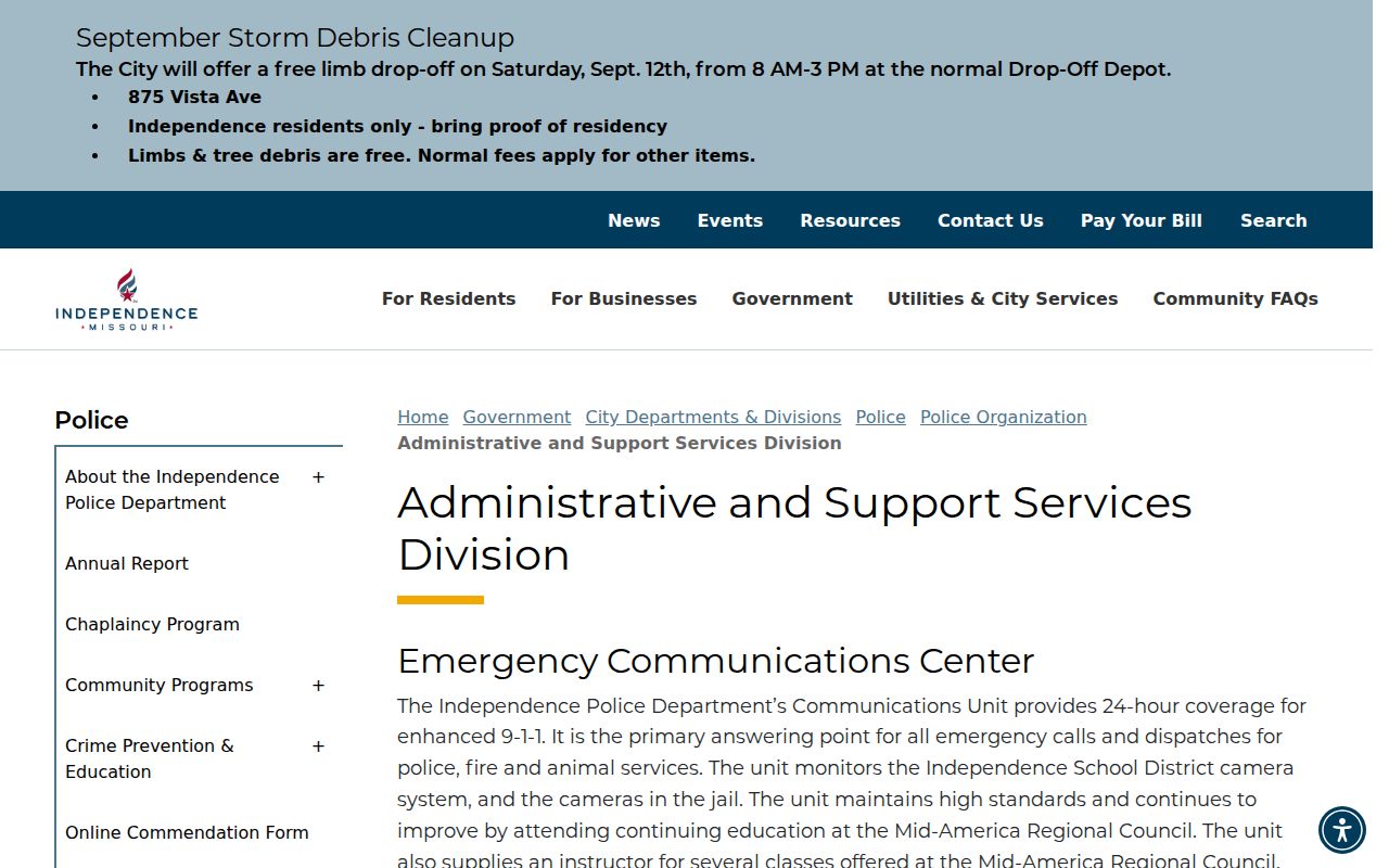 Independence Police administrative and support services webpage
