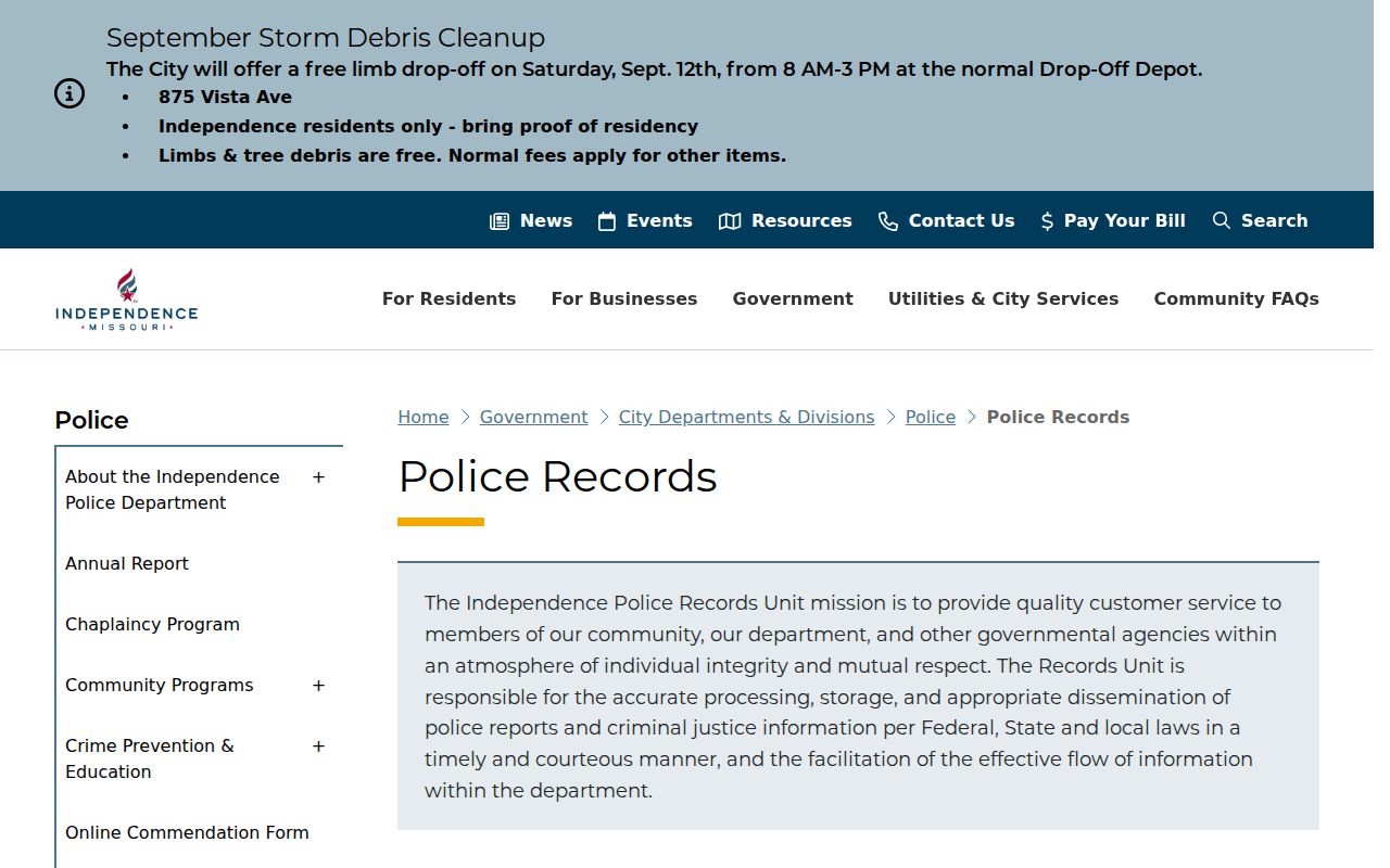 Independence Police Department Police Records webpage