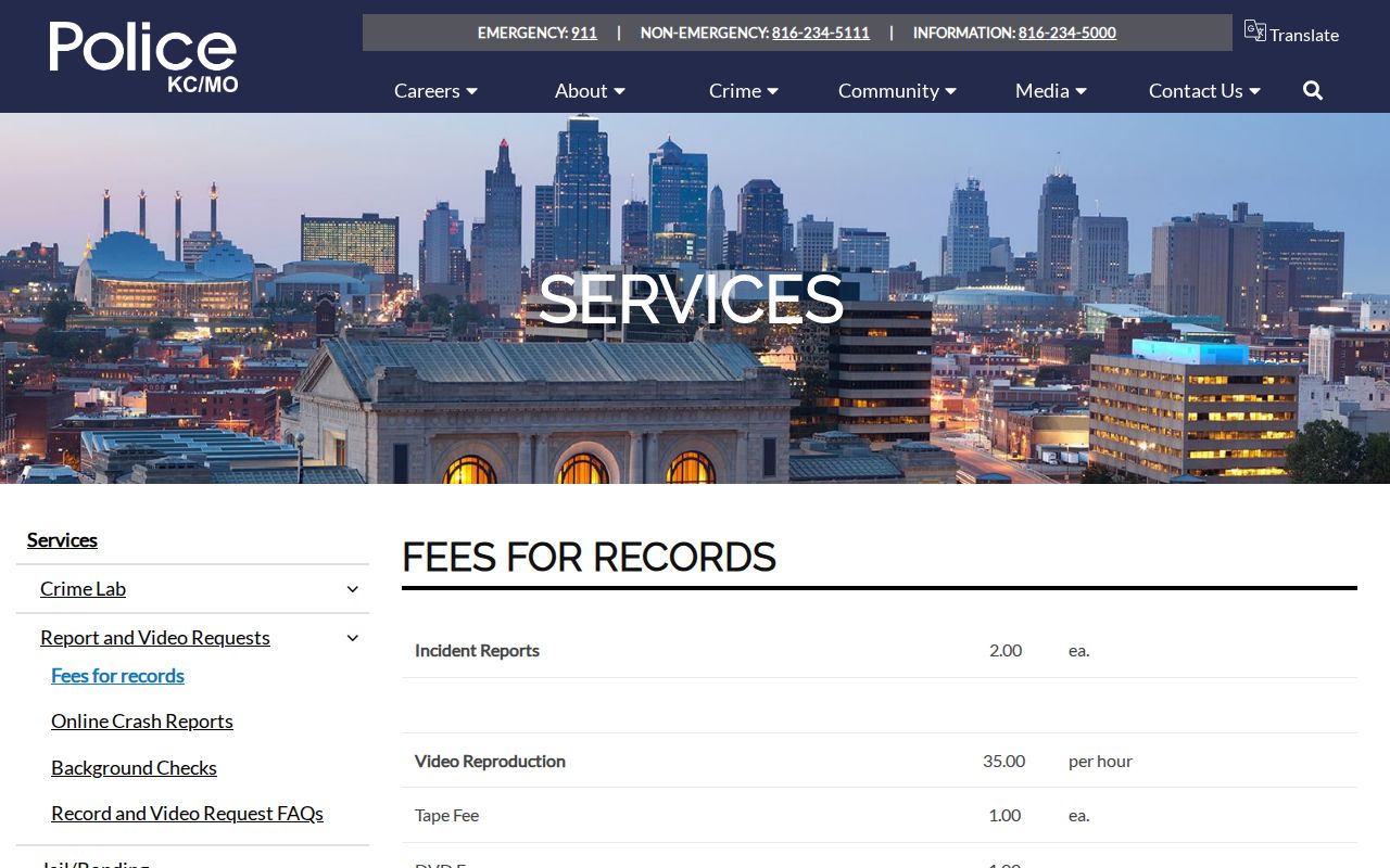 Kansas City Police records fee page