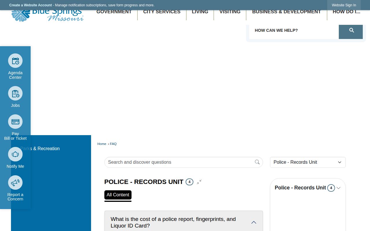 Blue Springs police frequently asked questions webpage