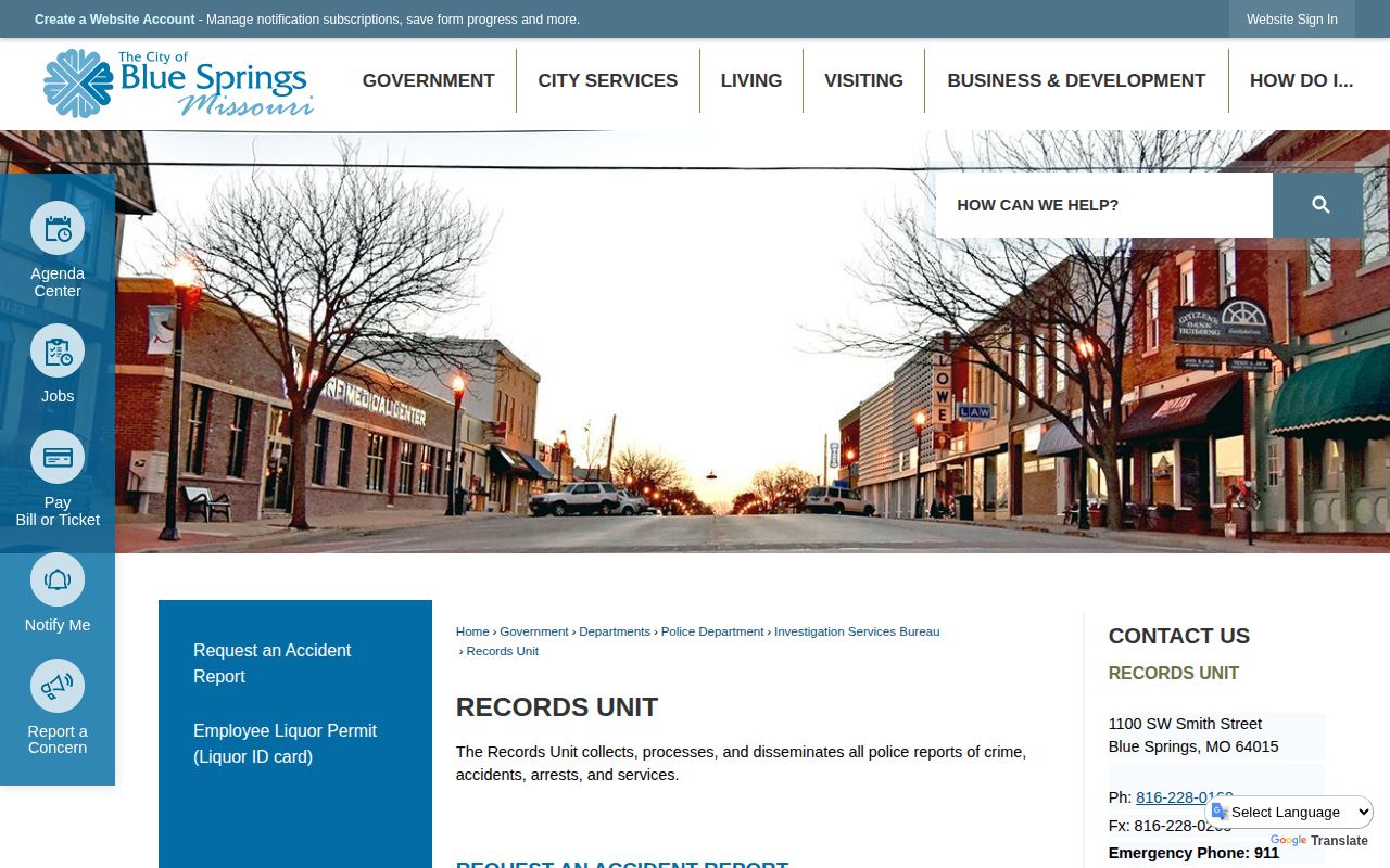 Blue Springs Police Department Records Unit webpage